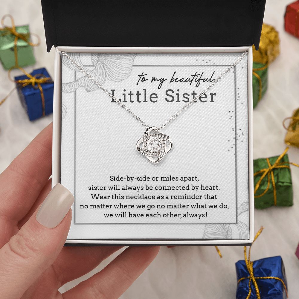 TO MY BEAUTIFUL LITTLE SISTER, LOVE KNOT NECKLACE FOR SISTER, FOREVER BEST FRIEND, BFF, BIRTHDAY/ FRIENDSHIP DAY GIFT FOR HER