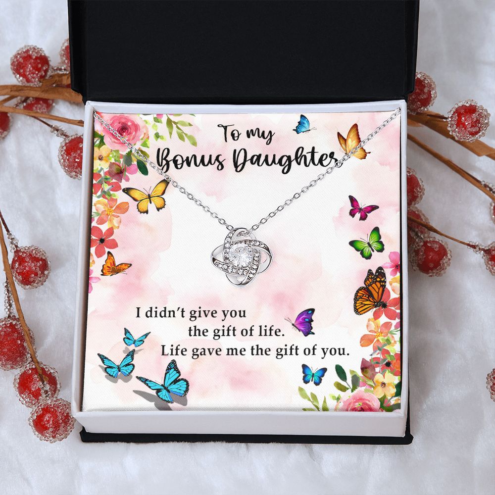 TO MY BONUS DAUGHTER, LOVE KNOT NECKLACE WITH MESSAGE CARD, BIRTHDAY AND DAUGHTERS DAY GIFT FOR HER