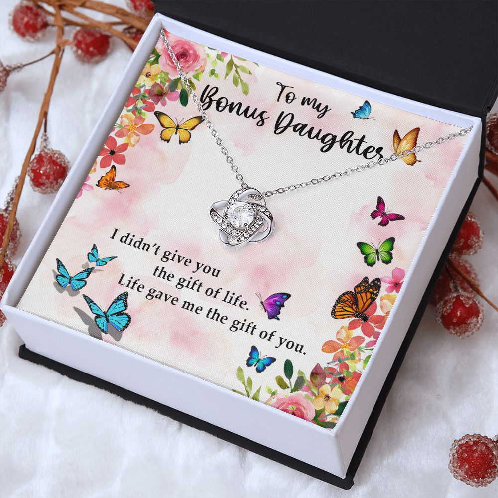 TO MY BONUS DAUGHTER, LOVE KNOT NECKLACE WITH MESSAGE CARD, BIRTHDAY AND DAUGHTERS DAY GIFT FOR HER