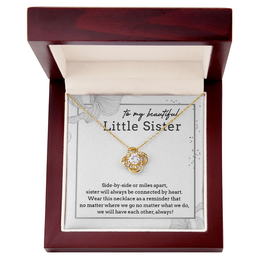 TO MY BEAUTIFUL LITTLE SISTER, LOVE KNOT NECKLACE FOR SISTER, FOREVER BEST FRIEND, BFF, BIRTHDAY/ FRIENDSHIP DAY GIFT FOR HER