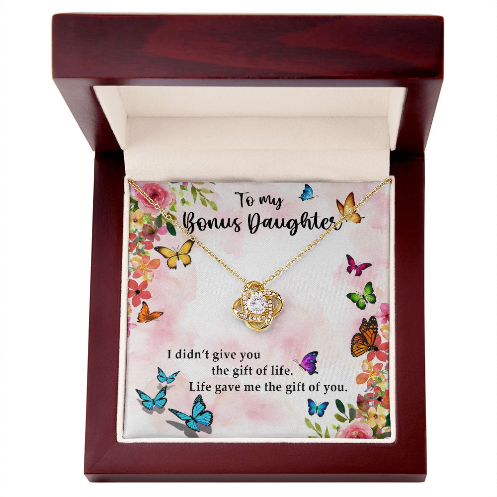 TO MY BONUS DAUGHTER, LOVE KNOT NECKLACE WITH MESSAGE CARD, BIRTHDAY AND DAUGHTERS DAY GIFT FOR HER