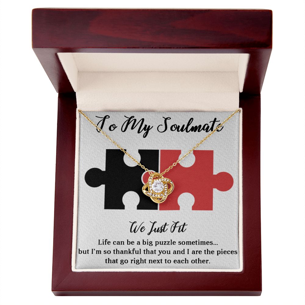 TO MY SOULMATE WE JUST FIT, INTERLOCKING HEART NECKLACE, FOR COUPLES, BIRTHDAY GIFT FOR HER, NECKLACE WITH MESSAGE CARD