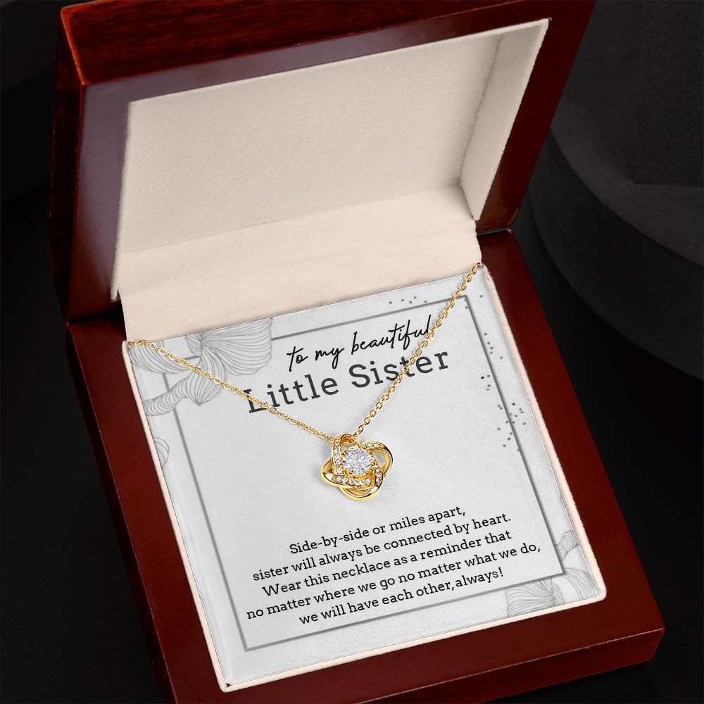 TO MY BEAUTIFUL LITTLE SISTER, LOVE KNOT NECKLACE FOR SISTER, FOREVER BEST FRIEND, BFF, BIRTHDAY/ FRIENDSHIP DAY GIFT FOR HER