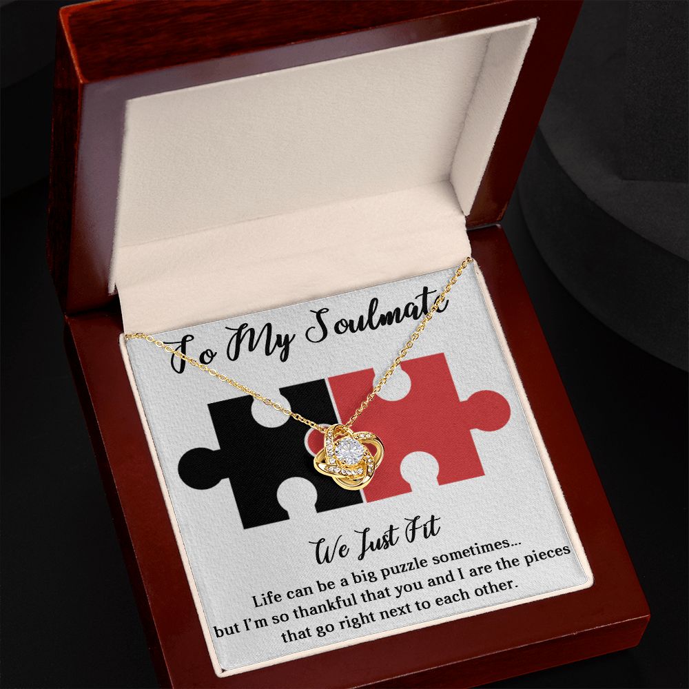 TO MY SOULMATE WE JUST FIT, INTERLOCKING HEART NECKLACE, FOR COUPLES, BIRTHDAY GIFT FOR HER, NECKLACE WITH MESSAGE CARD