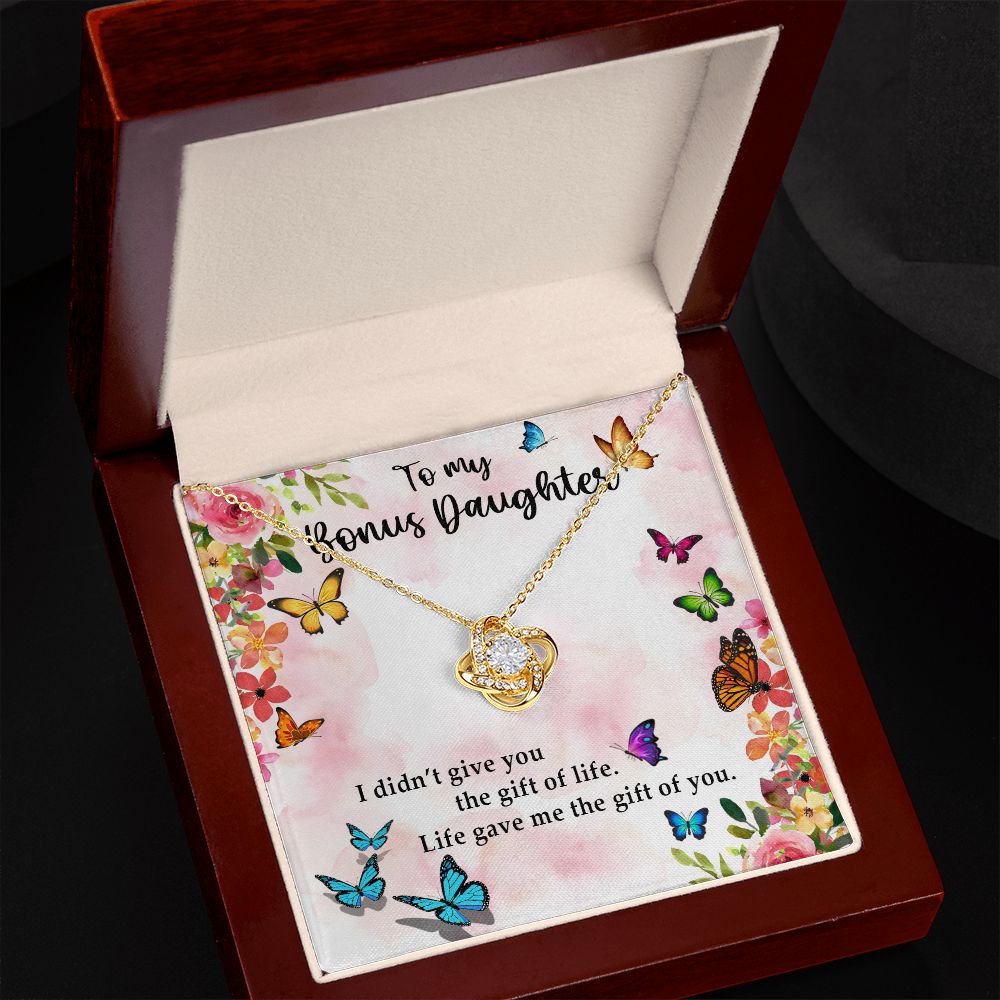 TO MY BONUS DAUGHTER, LOVE KNOT NECKLACE WITH MESSAGE CARD, BIRTHDAY AND DAUGHTERS DAY GIFT FOR HER