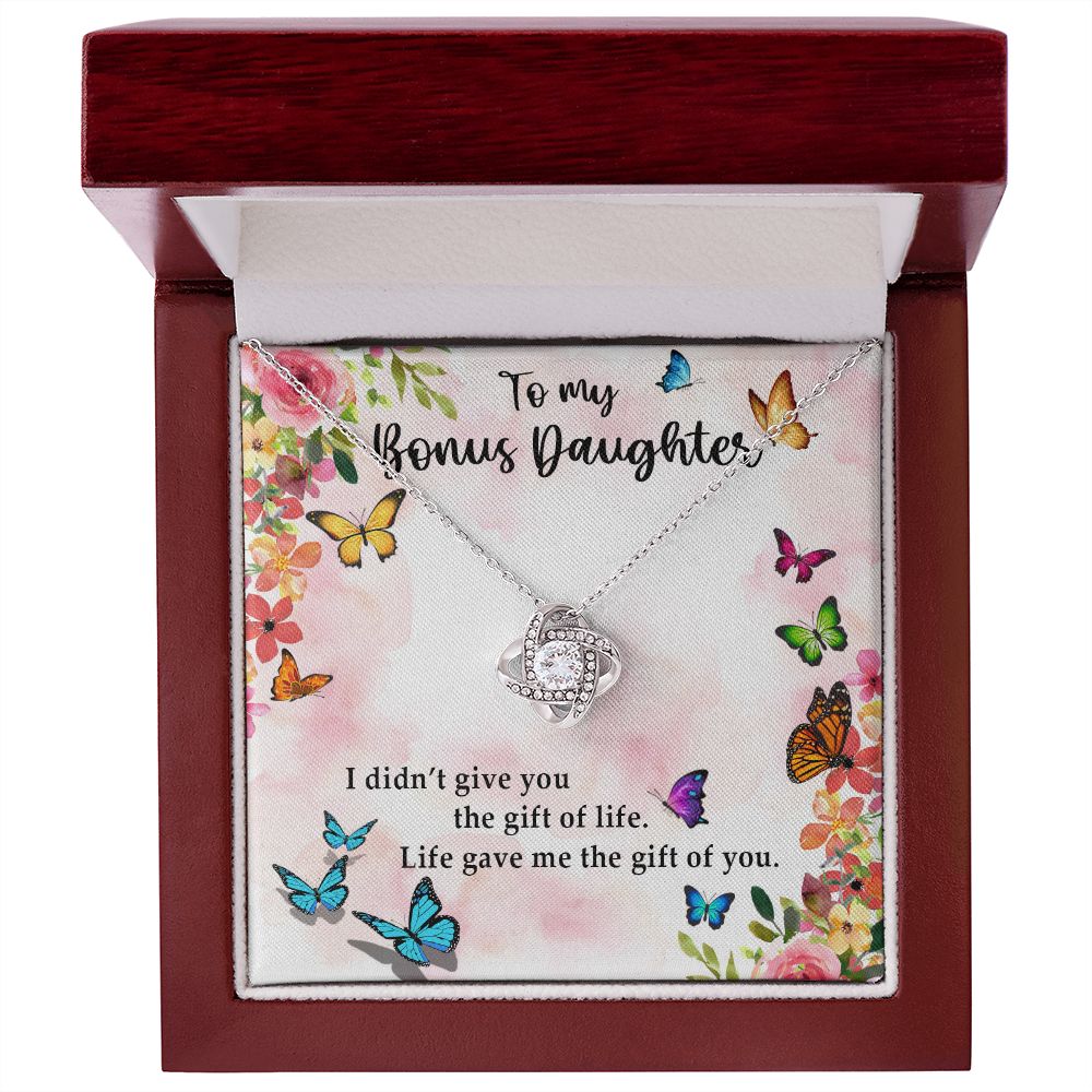 TO MY BONUS DAUGHTER, LOVE KNOT NECKLACE WITH MESSAGE CARD, BIRTHDAY AND DAUGHTERS DAY GIFT FOR HER