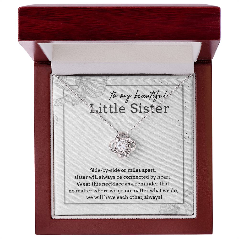 TO MY BEAUTIFUL LITTLE SISTER, LOVE KNOT NECKLACE FOR SISTER, FOREVER BEST FRIEND, BFF, BIRTHDAY/ FRIENDSHIP DAY GIFT FOR HER