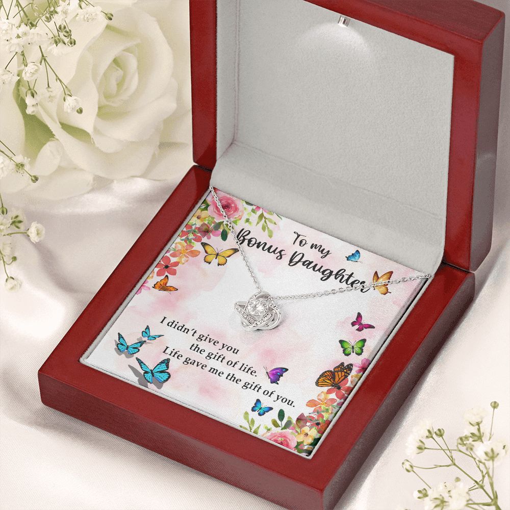 TO MY BONUS DAUGHTER, LOVE KNOT NECKLACE WITH MESSAGE CARD, BIRTHDAY AND DAUGHTERS DAY GIFT FOR HER