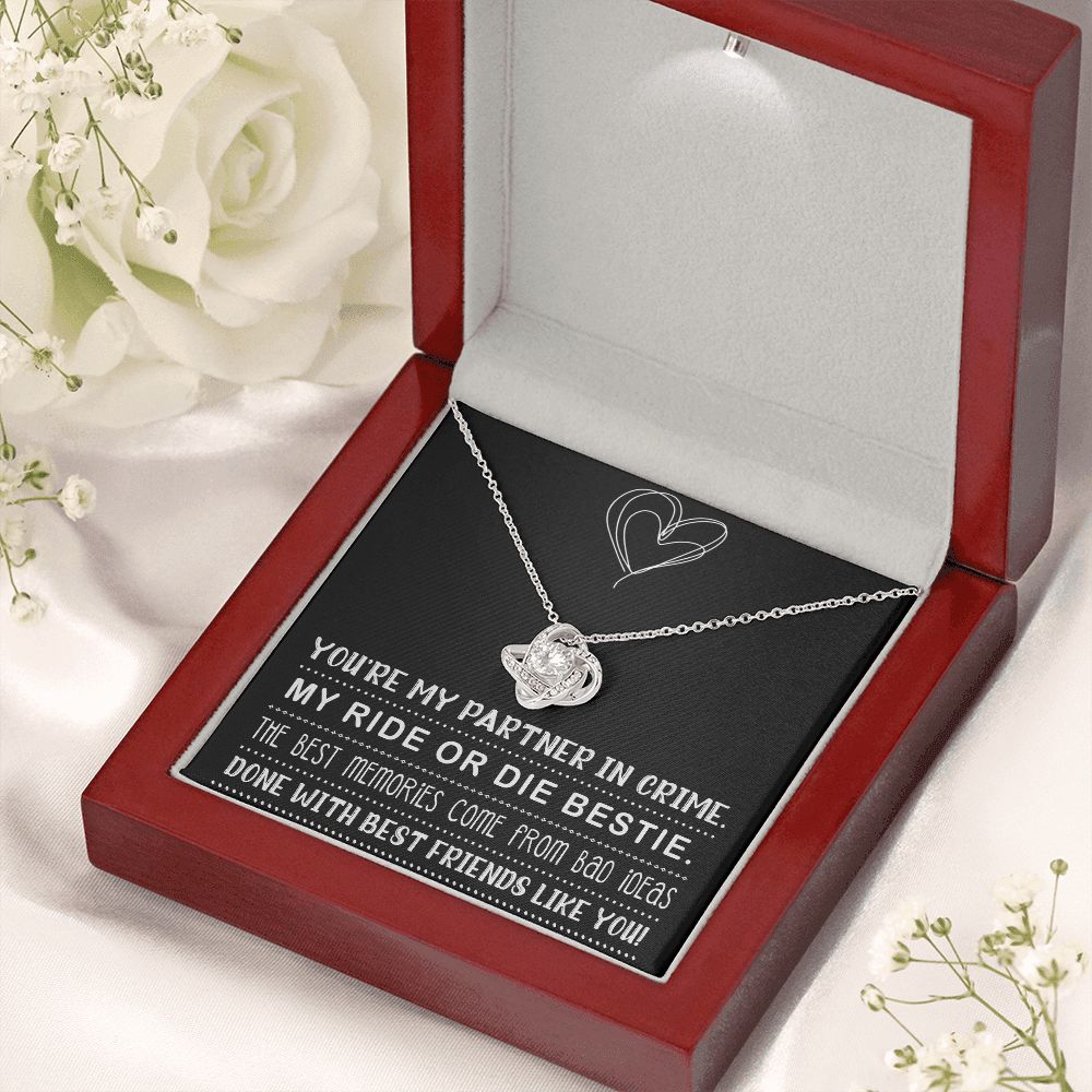 MY RIDE OR DIE BESTIE, LOVE KNOT NECKLACE WITH MESSAGE CARD, FOR FRIENDS, BFF, BIRTHDAY, FRIENDSHIP DAY GIFT FOR HER