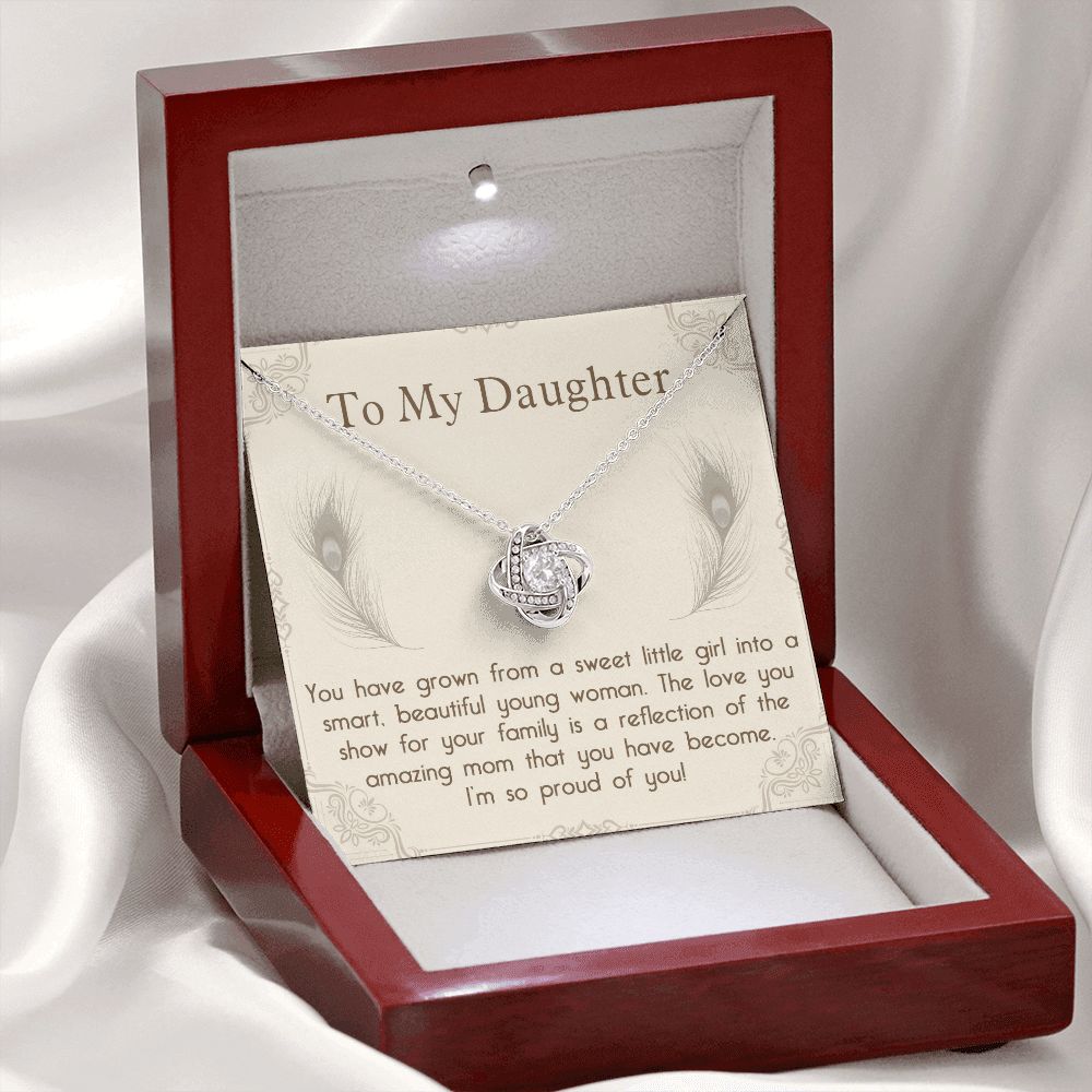 TO MY DAUGHTER, LOVE KNOT NECKLACE WITH MESSAGE CARD, BIRTHDAY AND DAUGHTERS DAY GIFT FOR HER