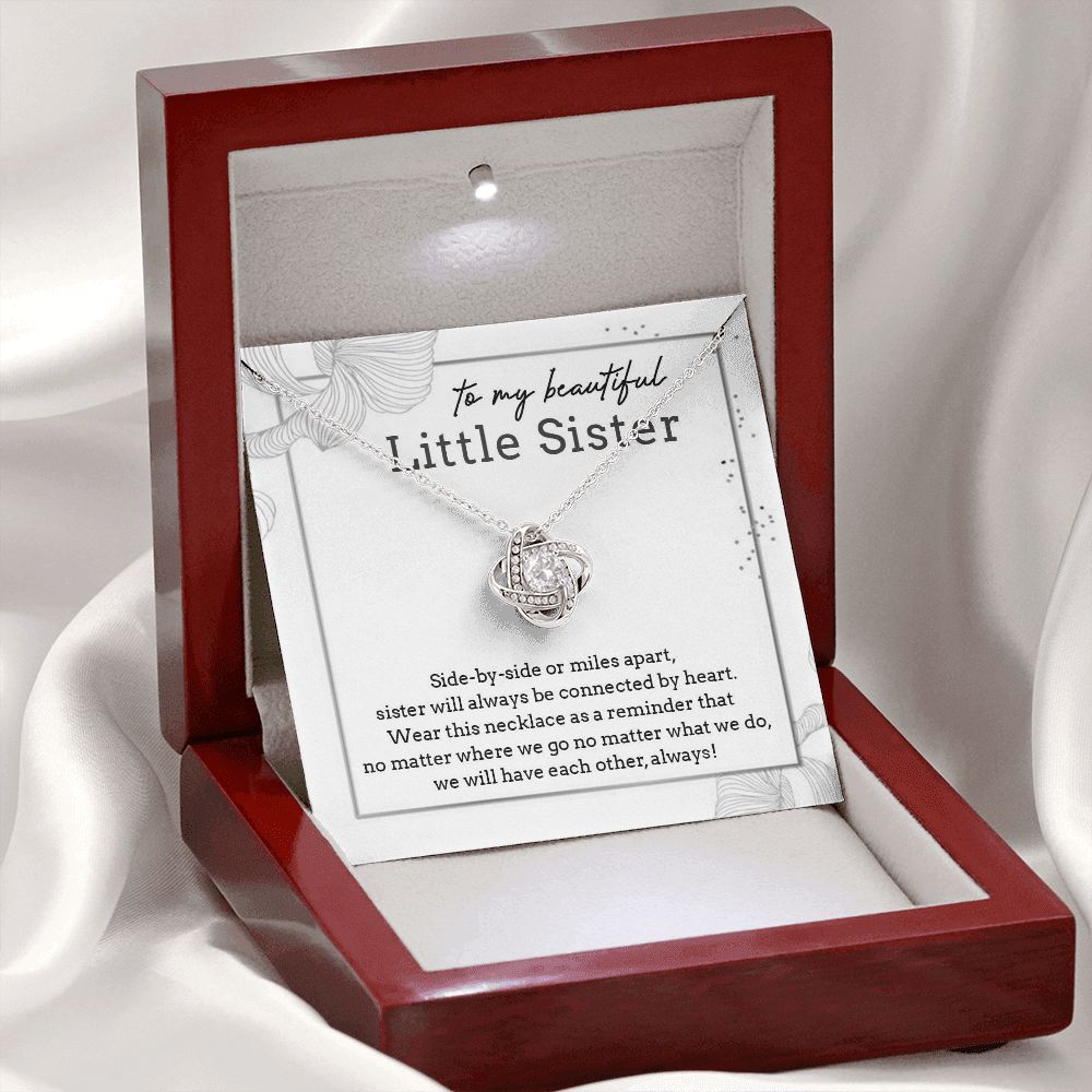 TO MY BEAUTIFUL LITTLE SISTER, LOVE KNOT NECKLACE FOR SISTER, FOREVER BEST FRIEND, BFF, BIRTHDAY/ FRIENDSHIP DAY GIFT FOR HER