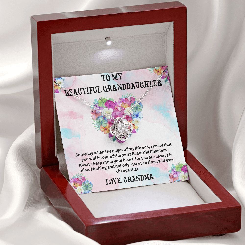 TO MY BEAUTIFUL GRANDDAUGHTER, LOVE KNOT NECKLACE WITH MESSAGE CARD FOR GRANDDAUGHTER, BIRTHDAY GIFT FOR HER, FROM GRANDMA