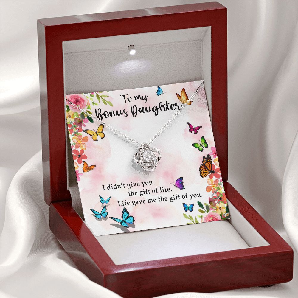 TO MY BONUS DAUGHTER, LOVE KNOT NECKLACE WITH MESSAGE CARD, BIRTHDAY AND DAUGHTERS DAY GIFT FOR HER
