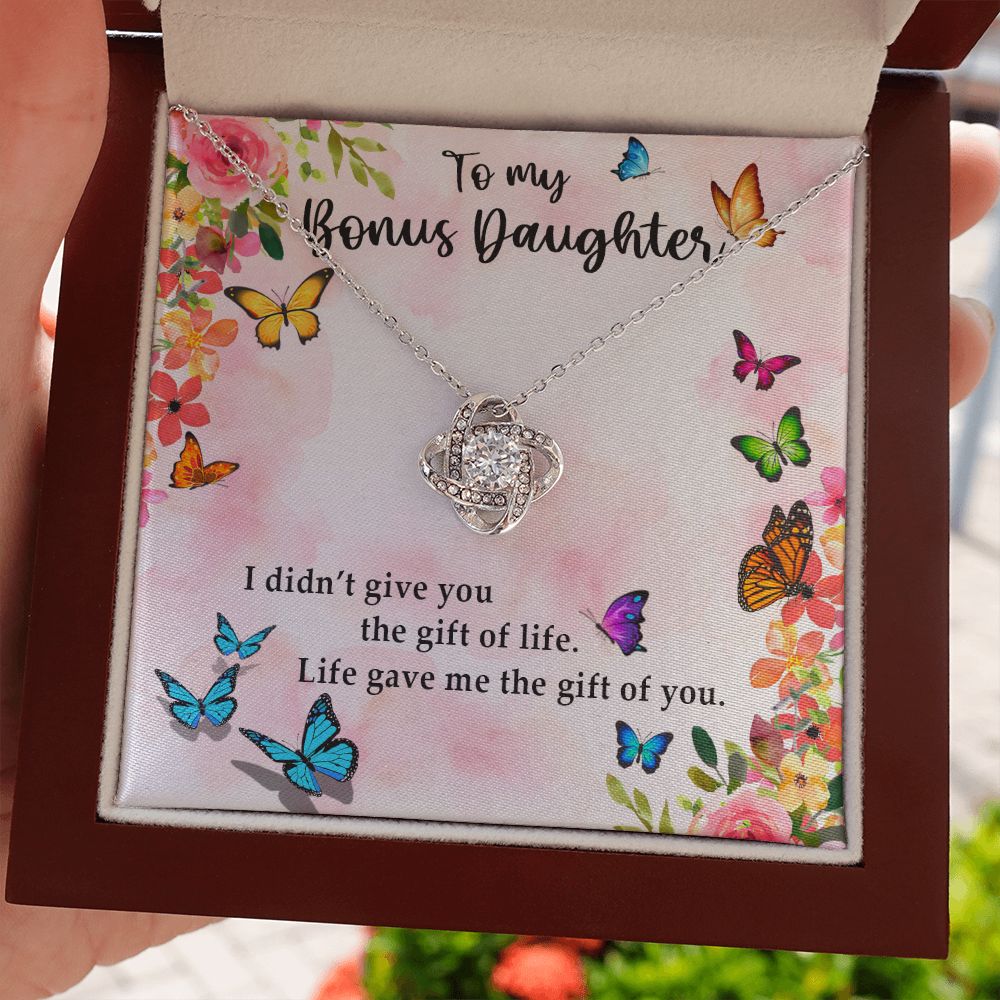 TO MY BONUS DAUGHTER, LOVE KNOT NECKLACE WITH MESSAGE CARD, BIRTHDAY AND DAUGHTERS DAY GIFT FOR HER