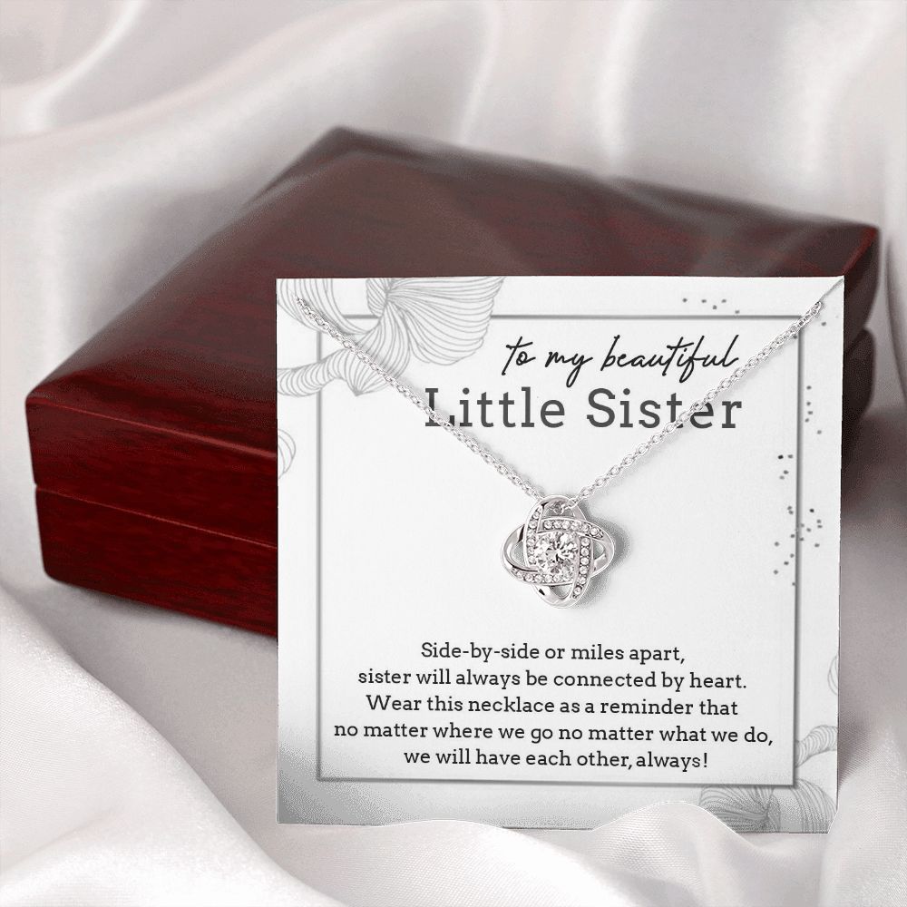 TO MY BEAUTIFUL LITTLE SISTER, LOVE KNOT NECKLACE FOR SISTER, FOREVER BEST FRIEND, BFF, BIRTHDAY/ FRIENDSHIP DAY GIFT FOR HER