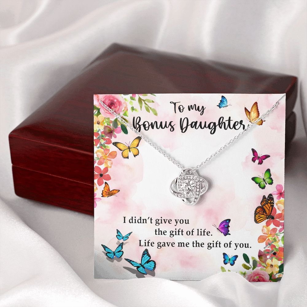 TO MY BONUS DAUGHTER, LOVE KNOT NECKLACE WITH MESSAGE CARD, BIRTHDAY AND DAUGHTERS DAY GIFT FOR HER