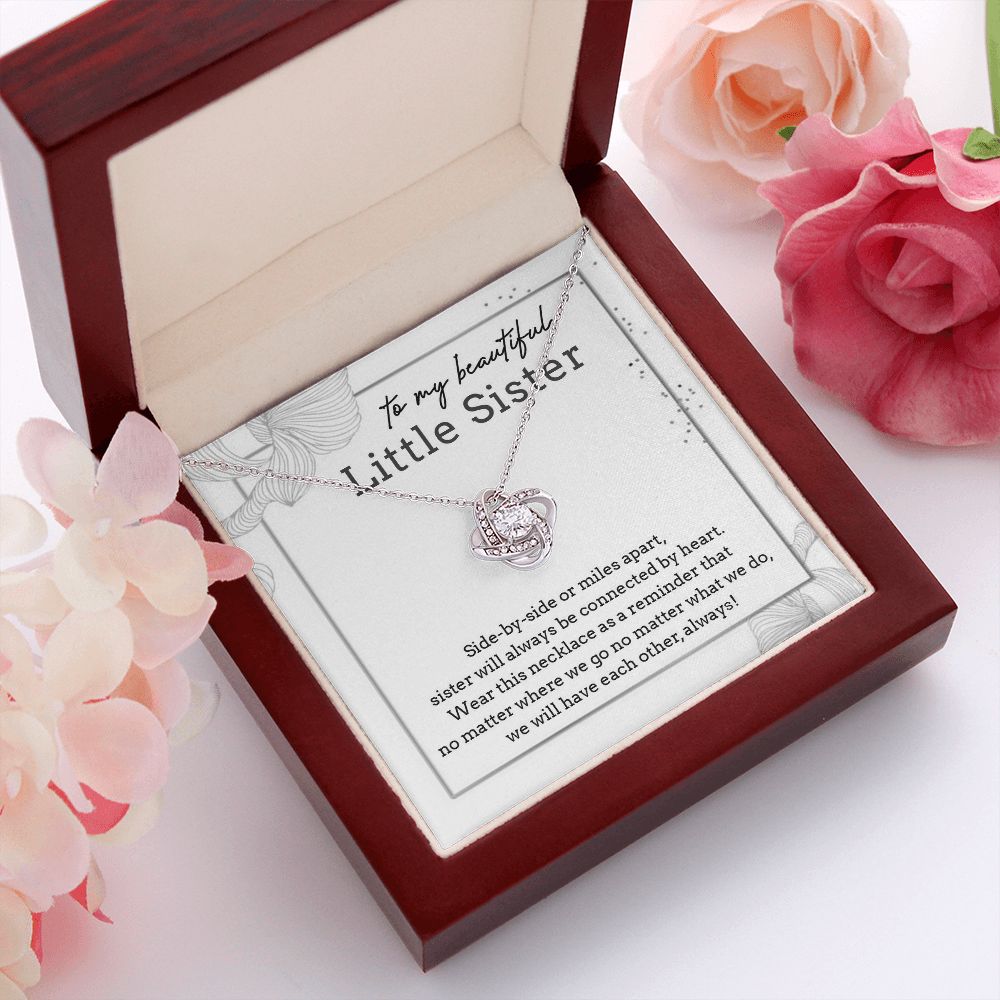 TO MY BEAUTIFUL LITTLE SISTER, LOVE KNOT NECKLACE FOR SISTER, FOREVER BEST FRIEND, BFF, BIRTHDAY/ FRIENDSHIP DAY GIFT FOR HER