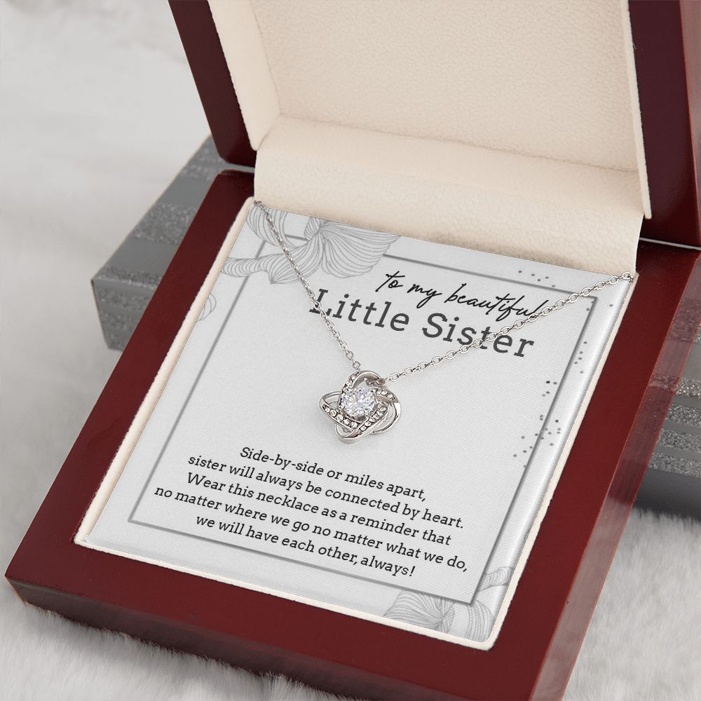 TO MY BEAUTIFUL LITTLE SISTER, LOVE KNOT NECKLACE FOR SISTER, FOREVER BEST FRIEND, BFF, BIRTHDAY/ FRIENDSHIP DAY GIFT FOR HER