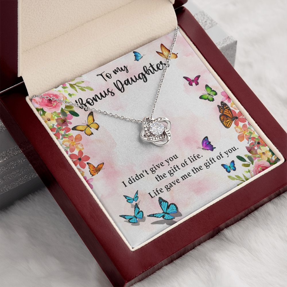 TO MY BONUS DAUGHTER, LOVE KNOT NECKLACE WITH MESSAGE CARD, BIRTHDAY AND DAUGHTERS DAY GIFT FOR HER