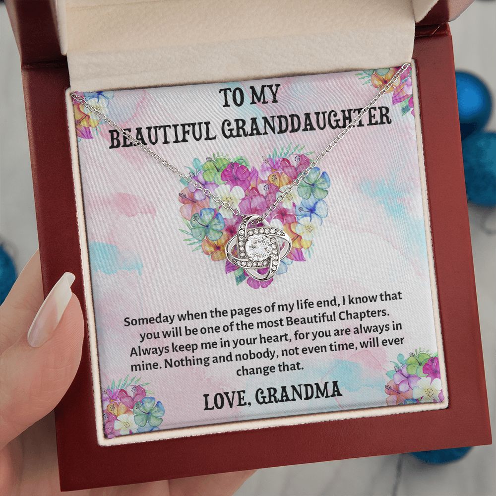 TO MY BEAUTIFUL GRANDDAUGHTER, LOVE KNOT NECKLACE WITH MESSAGE CARD FOR GRANDDAUGHTER, BIRTHDAY GIFT FOR HER, FROM GRANDMA