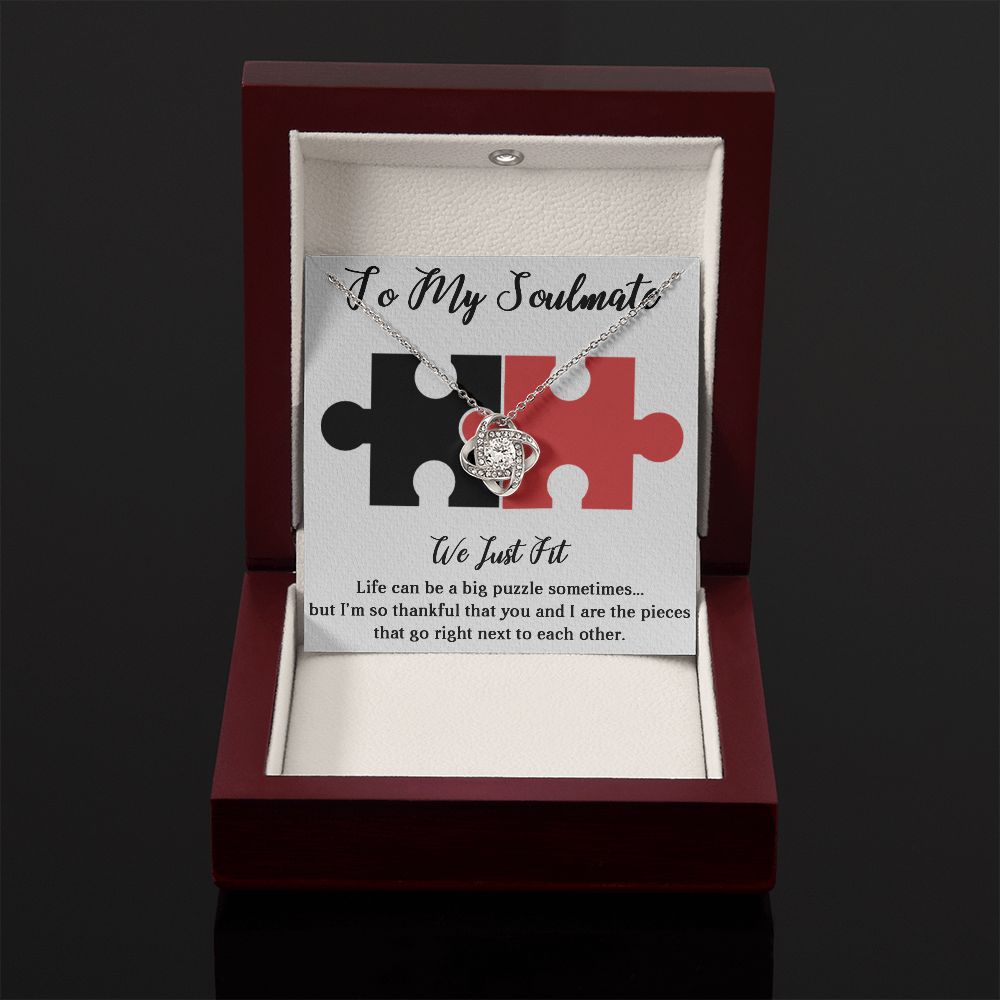 TO MY SOULMATE WE JUST FIT, INTERLOCKING HEART NECKLACE, FOR COUPLES, BIRTHDAY GIFT FOR HER, NECKLACE WITH MESSAGE CARD