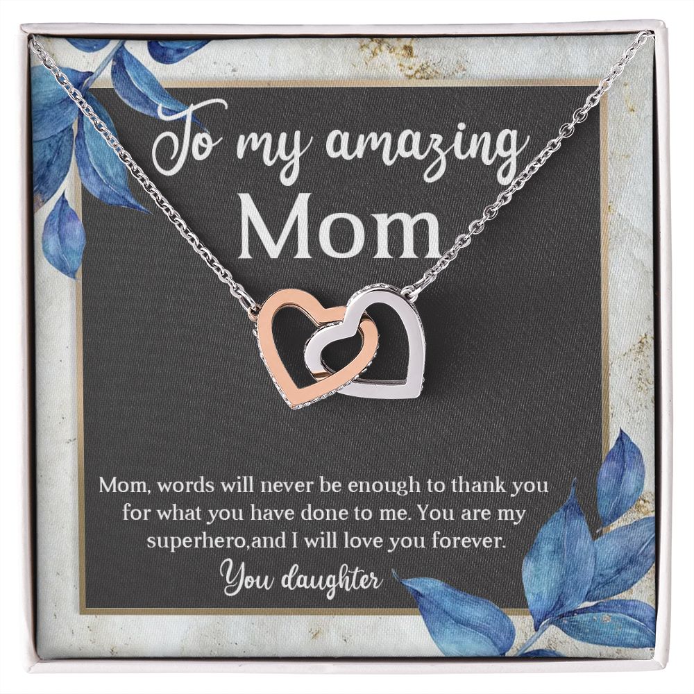 TO MY AMAZING MOM, INTERLOCKING HEART NECKLACE FOR MOM, NECKLACE WITH MESSAGE CARD, BIRTHDAY, MOTHER'S DAY GIFT FOR HER