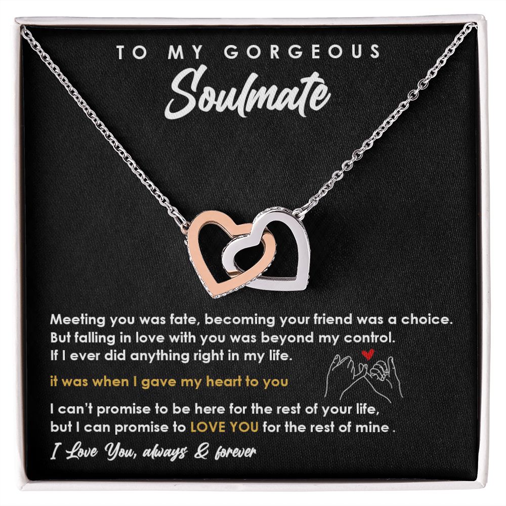 TO MY GORGEOUS SOULMATE I LOVE YOU, INTERLOCKING HEART NECKLACE, FOR COUPLES, BIRTHDAY GIFT FOR HER, NECKLACE WITH MESSAGE CARD