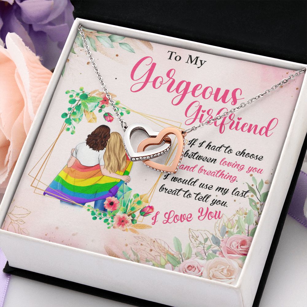 MY GORGEOUS GIRLFRIEND, INTERLOCKING HEART NECKLACE FOR LOVELY SOULMATE, FOR YOUR LGBTQ PARTNER, WITH MESSAGE CARD, PRIDE NECKLACE,