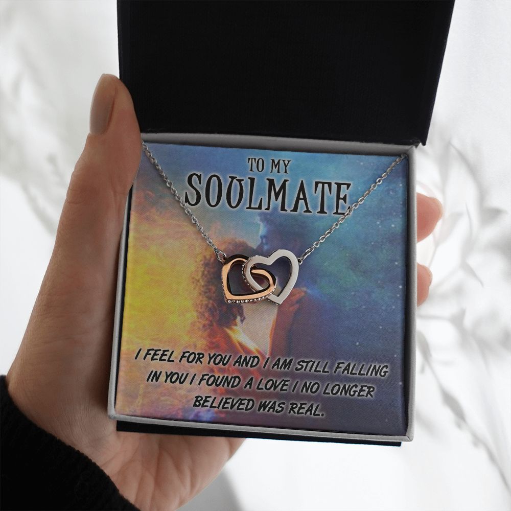 TO MY SOULMATE, INTERLOCKING HEART NECKLACE, FOR COUPLES, BIRTHDAY GIFT FOR HER, NECKLACE WITH MESSAGE CARD