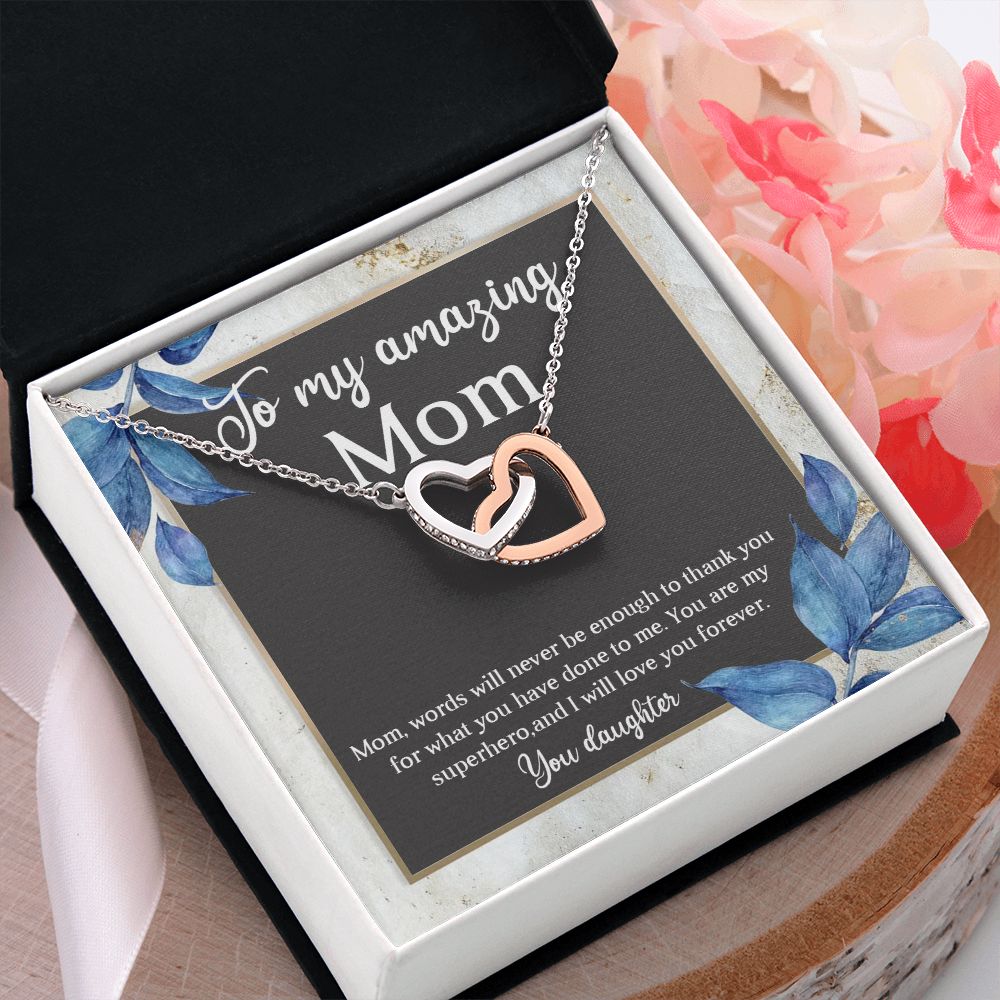 TO MY AMAZING MOM, INTERLOCKING HEART NECKLACE FOR MOM, NECKLACE WITH MESSAGE CARD, BIRTHDAY, MOTHER'S DAY GIFT FOR HER