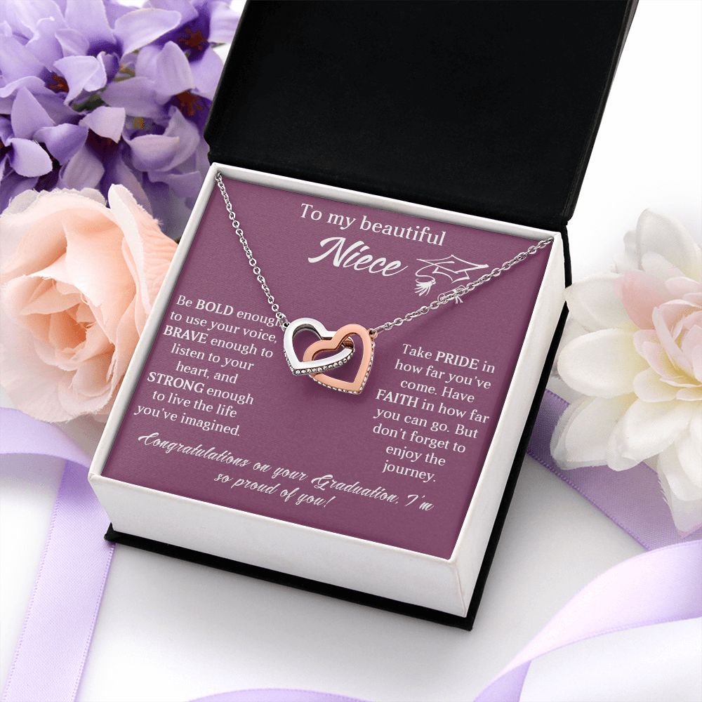 TO MY BEAUTIFUL NIECE, INTERLOCKING HEART NECKLACE FOR YOUR NIECE ON HER GRADUATION, CONGRATULATION GIFT FOR HER