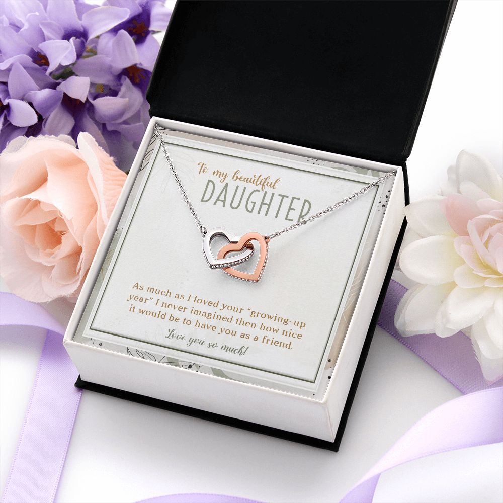 TO MY BEAUTIFUL DAUGHTER, INTERLOCKING HEART NECKLACE WITH MESSAGE CARD, UNIQUE GIFT FOR DAUGHTER'S, BIRTHDAY AND DAUGHTER'S DAY GIFT FOR HER