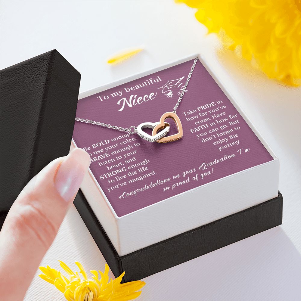 TO MY BEAUTIFUL NIECE, INTERLOCKING HEART NECKLACE FOR YOUR NIECE ON HER GRADUATION, CONGRATULATION GIFT FOR HER
