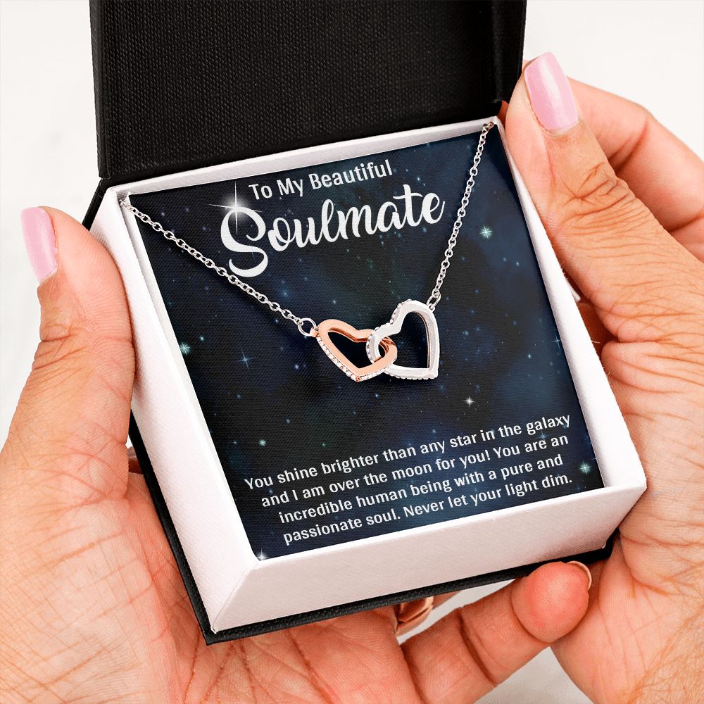 TO MY BEAUTIFUL SOULMATE, INTERLOCKING HEART NECKLACE, FOR COUPLES, BIRTHDAY GIFT FOR HER, NECKLACE WITH MESSAGE CARD
