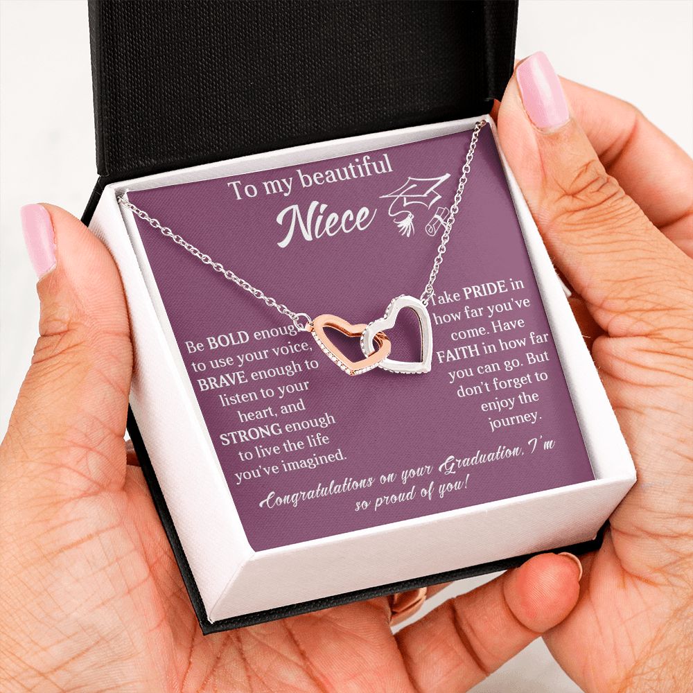 TO MY BEAUTIFUL NIECE, INTERLOCKING HEART NECKLACE FOR YOUR NIECE ON HER GRADUATION, CONGRATULATION GIFT FOR HER
