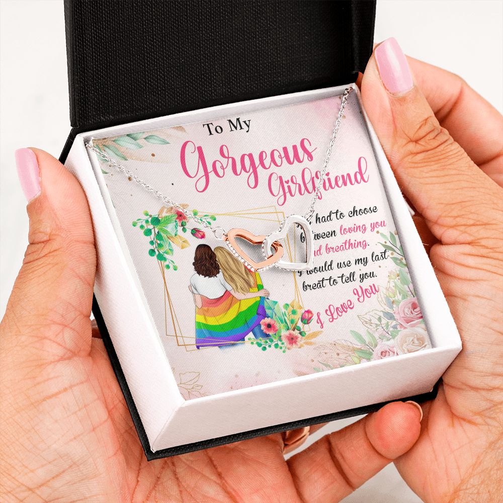 MY GORGEOUS GIRLFRIEND, INTERLOCKING HEART NECKLACE FOR LOVELY SOULMATE, FOR YOUR LGBTQ PARTNER, WITH MESSAGE CARD, PRIDE NECKLACE,