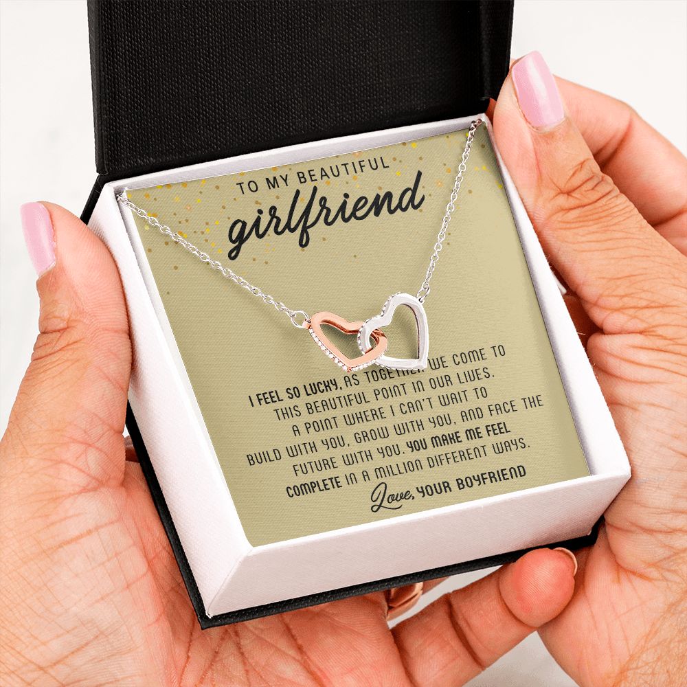 TO MY BEAUTIFUL GIRLFRIEND, INTERLOCKING HEART NECKLACE, FOR GIRLFRIEND, BIRTHDAY GIFT FOR HER