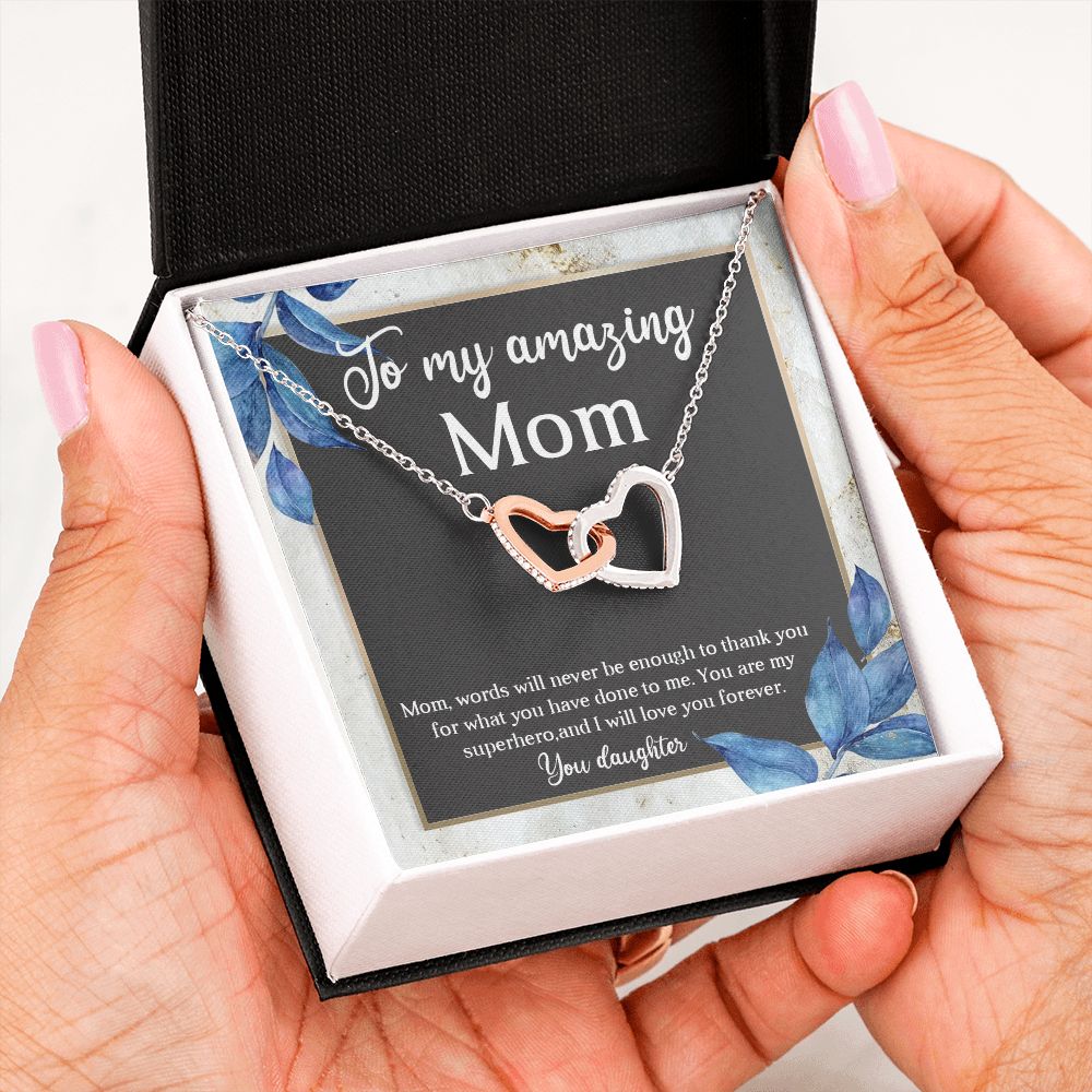 TO MY AMAZING MOM, INTERLOCKING HEART NECKLACE FOR MOM, NECKLACE WITH MESSAGE CARD, BIRTHDAY, MOTHER'S DAY GIFT FOR HER