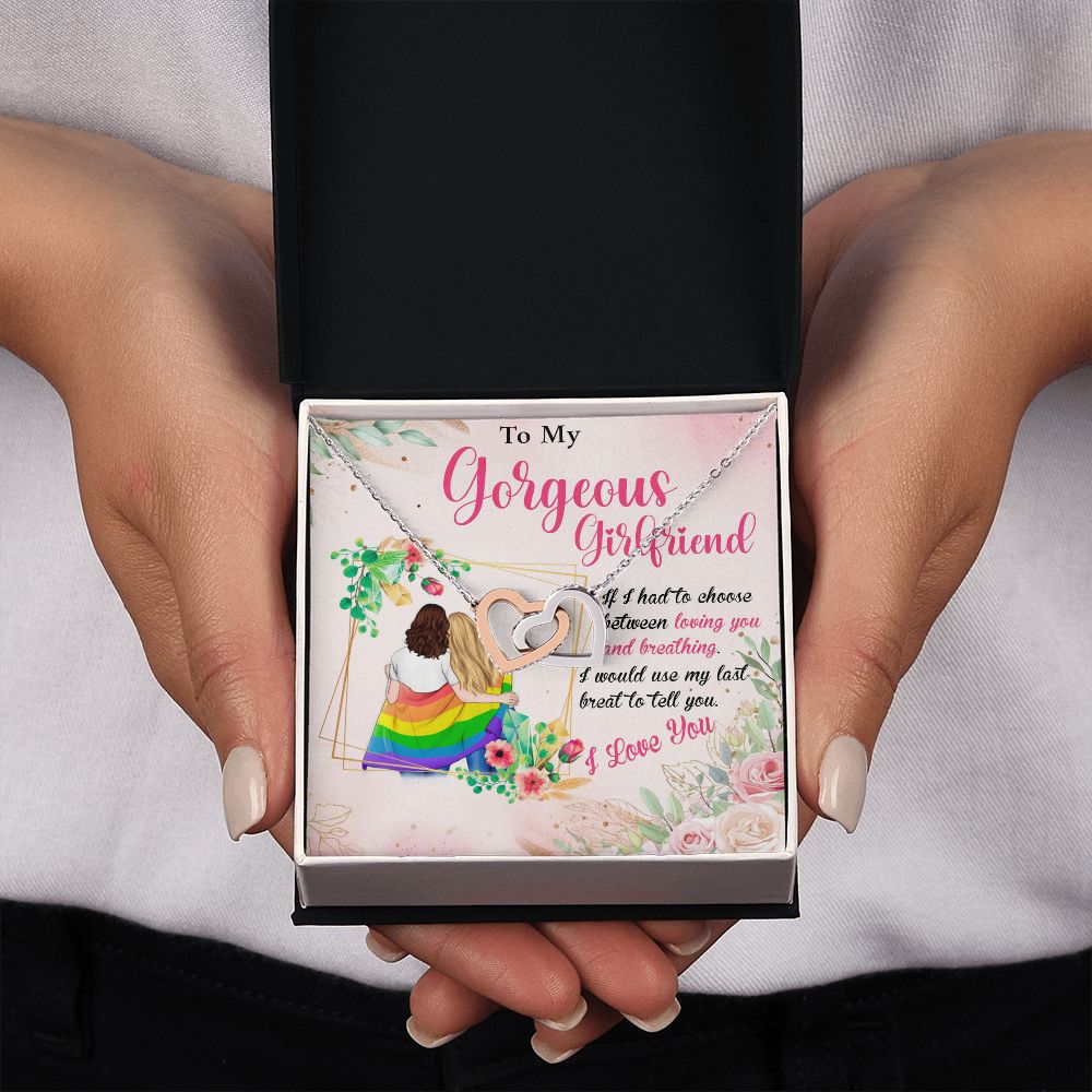 MY GORGEOUS GIRLFRIEND, INTERLOCKING HEART NECKLACE FOR LOVELY SOULMATE, FOR YOUR LGBTQ PARTNER, WITH MESSAGE CARD, PRIDE NECKLACE,