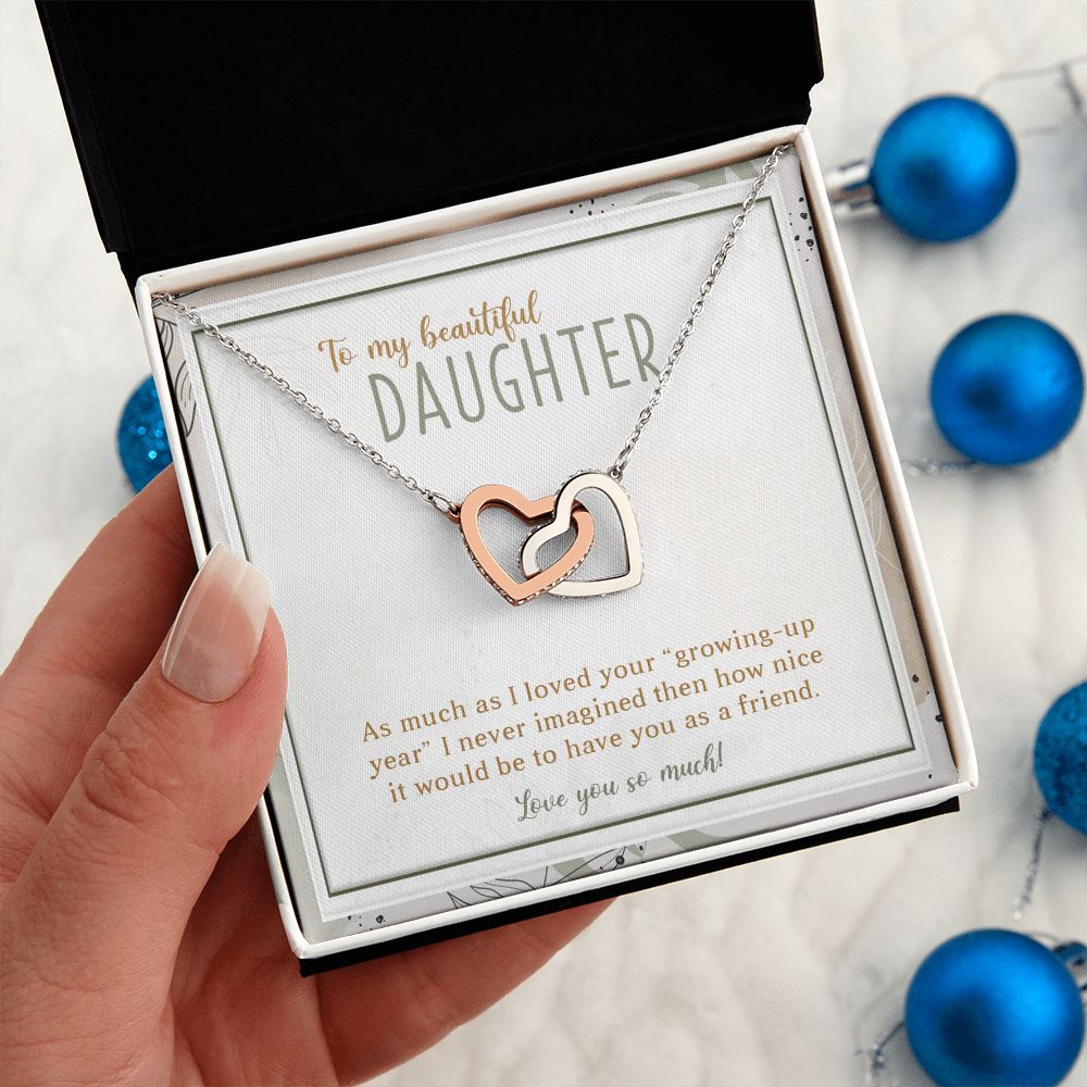TO MY BEAUTIFUL DAUGHTER, INTERLOCKING HEART NECKLACE WITH MESSAGE CARD, UNIQUE GIFT FOR DAUGHTER'S, BIRTHDAY AND DAUGHTER'S DAY GIFT FOR HER