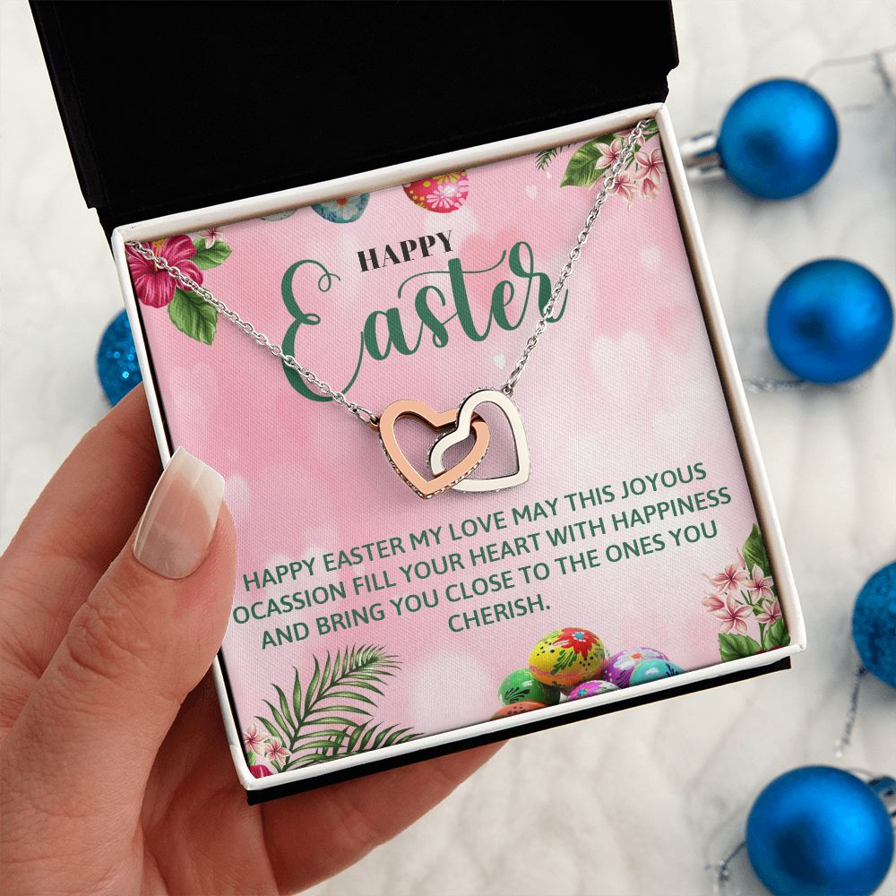 HAPPY EASTER, INTERLOCKING HEART NECKLACE WITH MESSAGE CARD, EASTER GIFT FOR FAMILY AND FRIENDS
