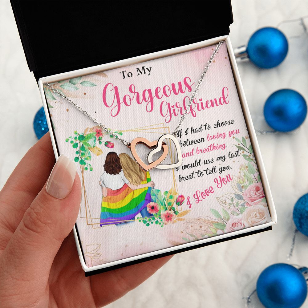 MY GORGEOUS GIRLFRIEND, INTERLOCKING HEART NECKLACE FOR LOVELY SOULMATE, FOR YOUR LGBTQ PARTNER, WITH MESSAGE CARD, PRIDE NECKLACE,