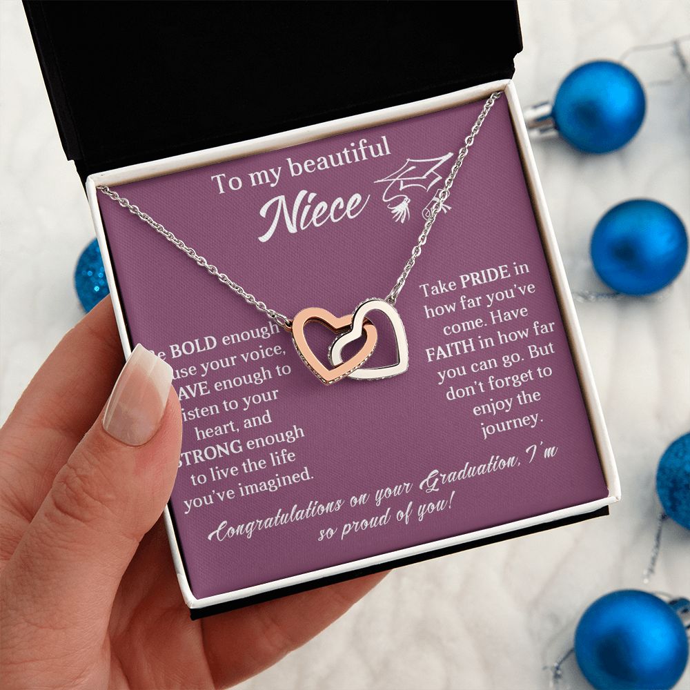 TO MY BEAUTIFUL NIECE, INTERLOCKING HEART NECKLACE FOR YOUR NIECE ON HER GRADUATION, CONGRATULATION GIFT FOR HER