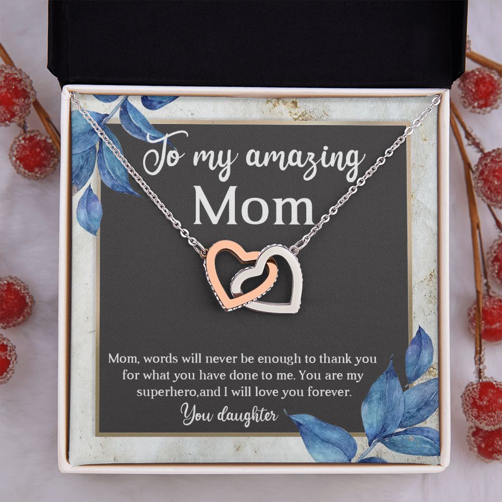 TO MY AMAZING MOM, INTERLOCKING HEART NECKLACE FOR MOM, NECKLACE WITH MESSAGE CARD, BIRTHDAY, MOTHER'S DAY GIFT FOR HER