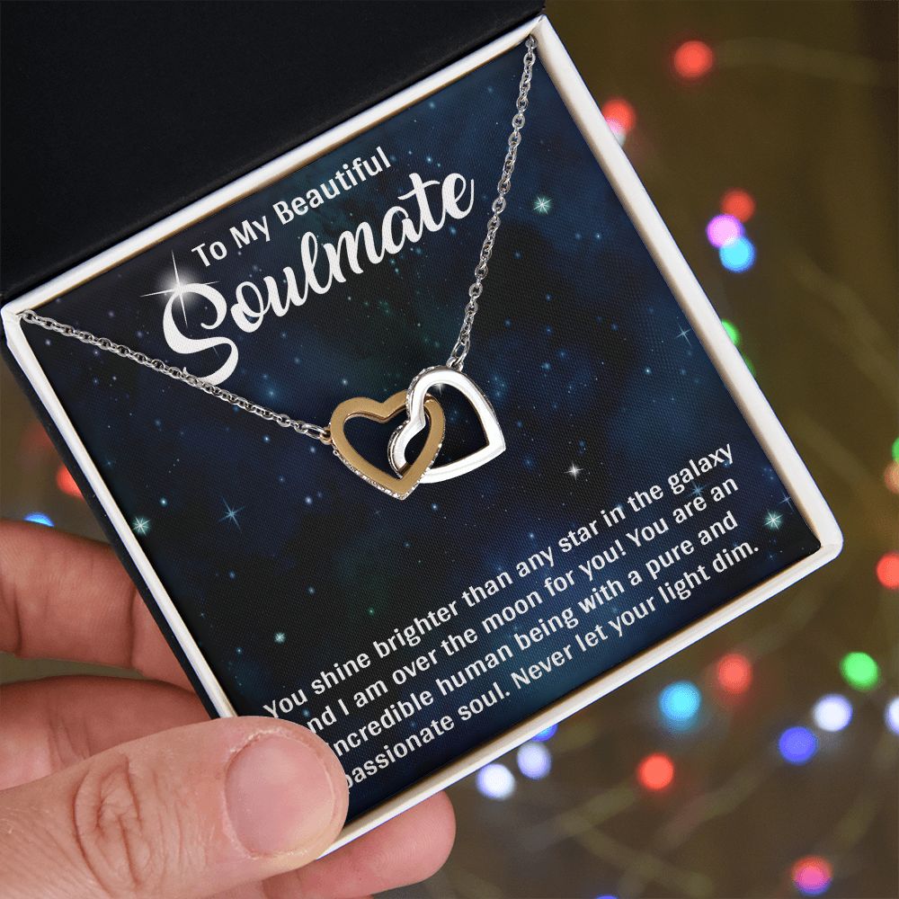 TO MY BEAUTIFUL SOULMATE, INTERLOCKING HEART NECKLACE, FOR COUPLES, BIRTHDAY GIFT FOR HER, NECKLACE WITH MESSAGE CARD