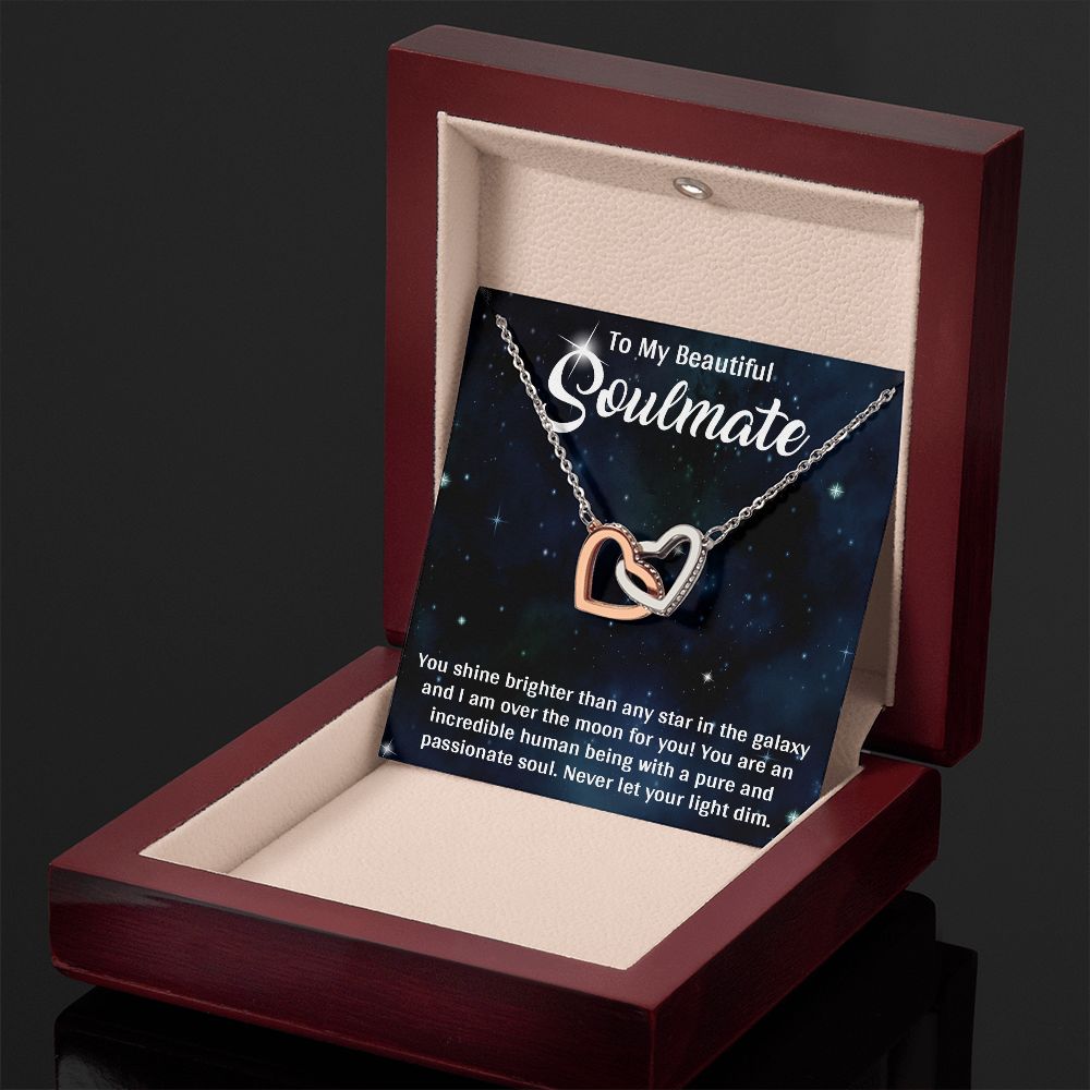 TO MY BEAUTIFUL SOULMATE, INTERLOCKING HEART NECKLACE, FOR COUPLES, BIRTHDAY GIFT FOR HER, NECKLACE WITH MESSAGE CARD