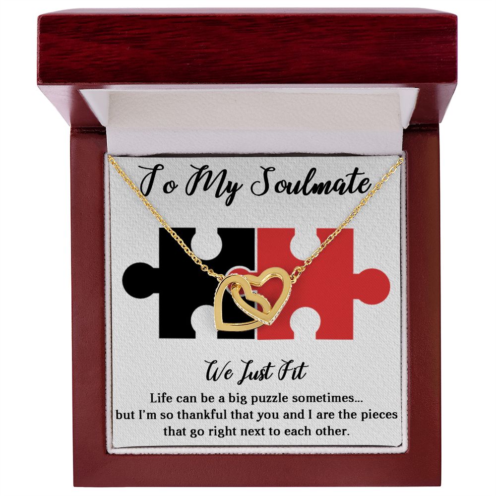 TO MY SOULMATE WE JUST FIT, INTERLOCKING HEART NECKLACE, FOR COUPLES, BIRTHDAY GIFT FOR HER, NECKLACE WITH MESSAGE CARD
