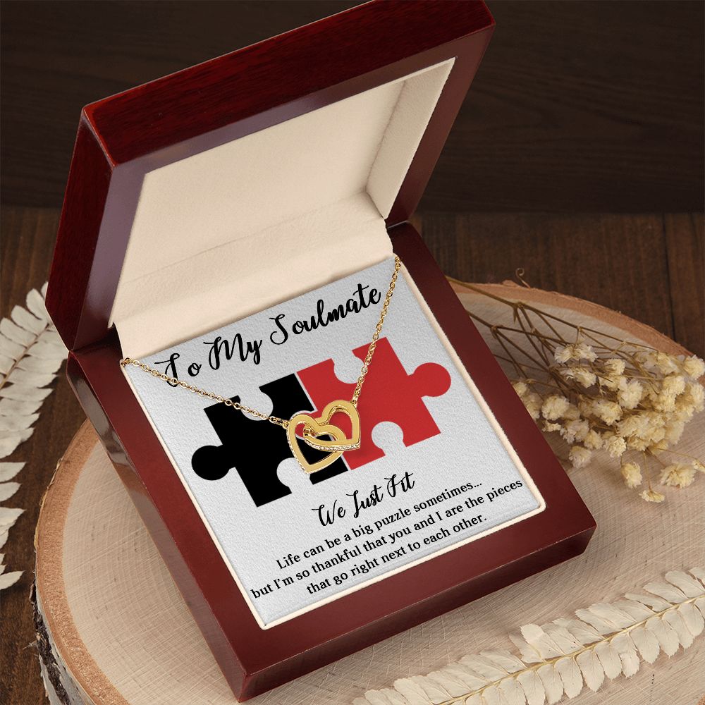 TO MY SOULMATE WE JUST FIT, INTERLOCKING HEART NECKLACE, FOR COUPLES, BIRTHDAY GIFT FOR HER, NECKLACE WITH MESSAGE CARD