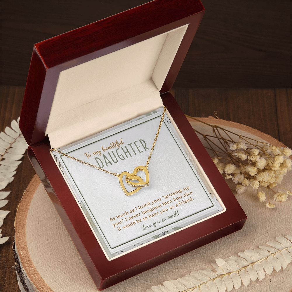 TO MY BEAUTIFUL DAUGHTER, INTERLOCKING HEART NECKLACE WITH MESSAGE CARD, UNIQUE GIFT FOR DAUGHTER'S, BIRTHDAY AND DAUGHTER'S DAY GIFT FOR HER