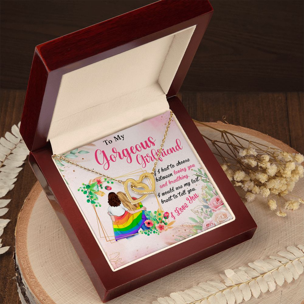 MY GORGEOUS GIRLFRIEND, INTERLOCKING HEART NECKLACE FOR LOVELY SOULMATE, FOR YOUR LGBTQ PARTNER, WITH MESSAGE CARD, PRIDE NECKLACE,